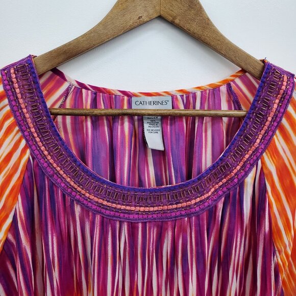 Catherines Womens 2X Sheer Blouse Multicolor Striped Pleated Slit Sleeve Boho - Picture 8 of 13